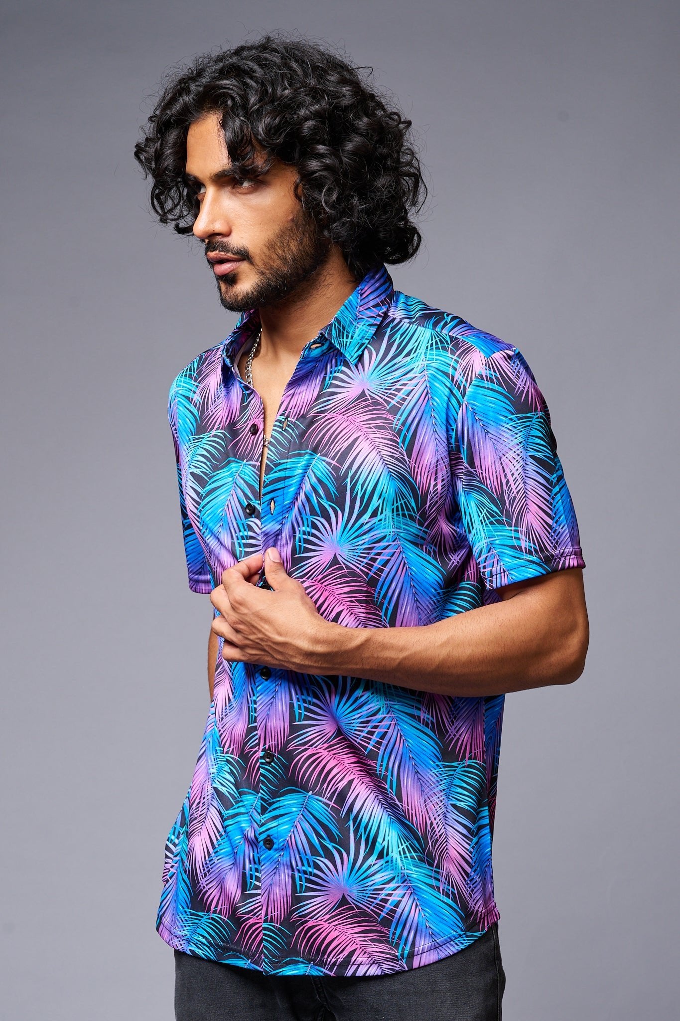 Leaves (in Gradient) Printed Black Co-ord Set for Men - Go Devil