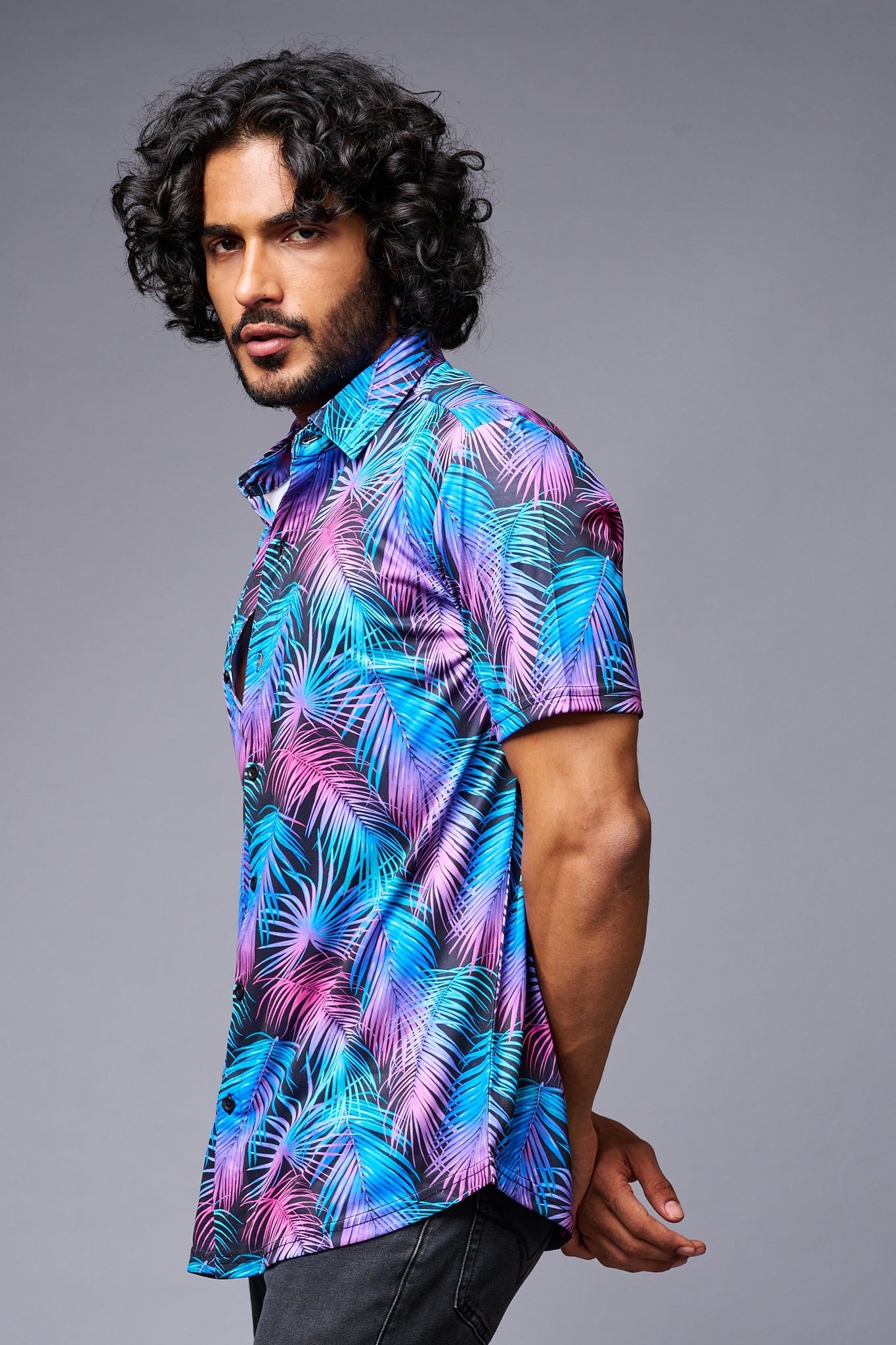 Leaves (in Gradient) Printed Black Co-ord Set for Men - Go Devil