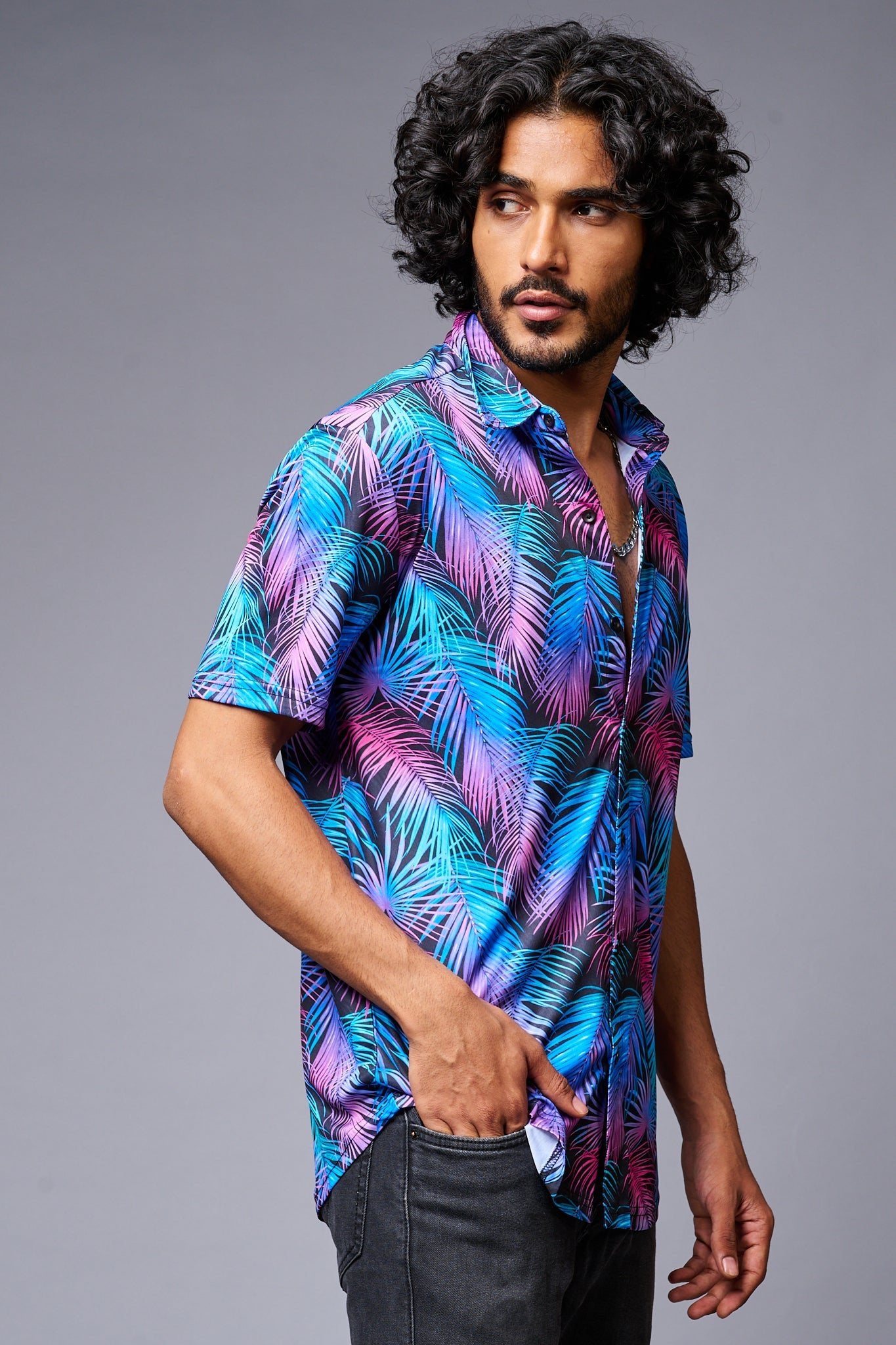 Leaves (in Gradient) Printed Black Co-ord Set for Men - Go Devil