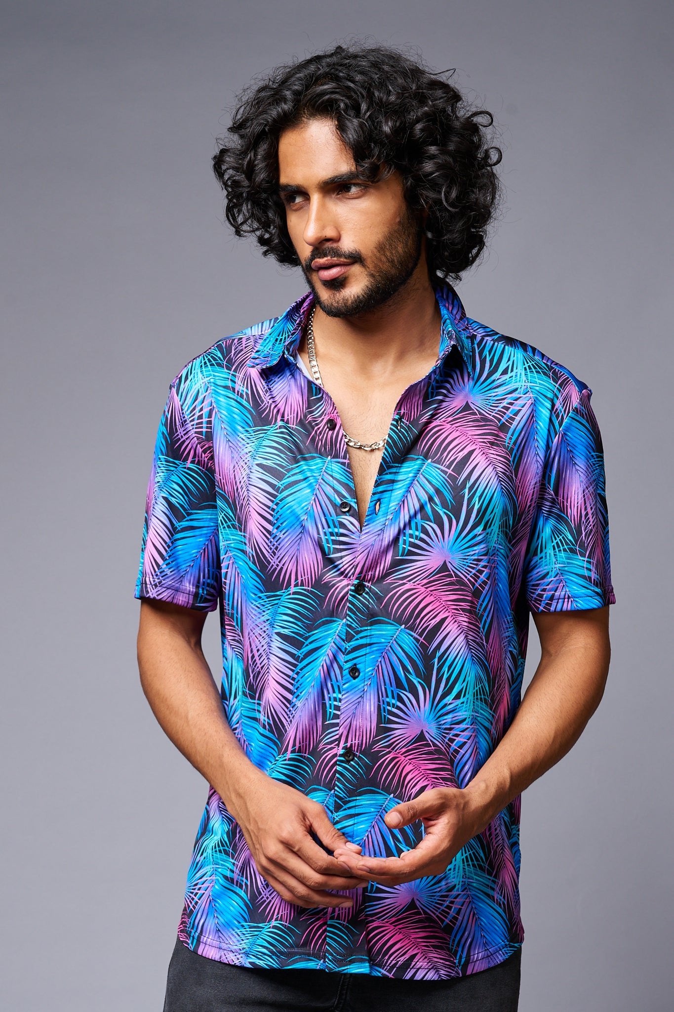 Leaves (in Gradient) Printed Black Co-ord Set for Men - Go Devil