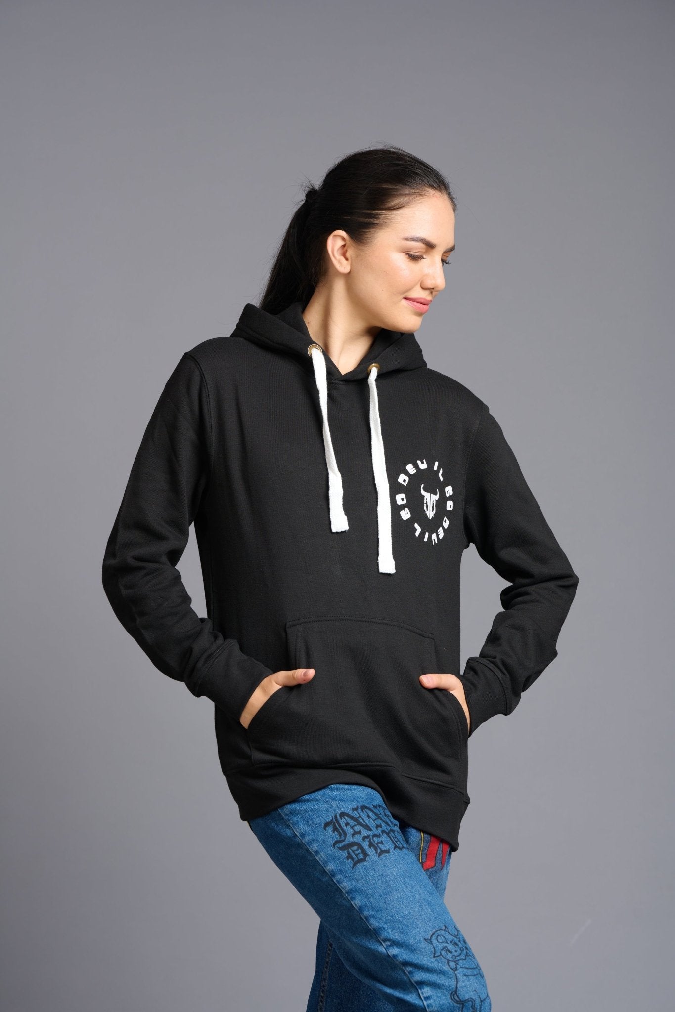 Never Give Up (in Green) Printed Black Hoodie for Women - Go Devil