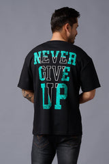 Never Give Up (in Green) Printed Black Oversized T-Shirt for Men - Go Devil