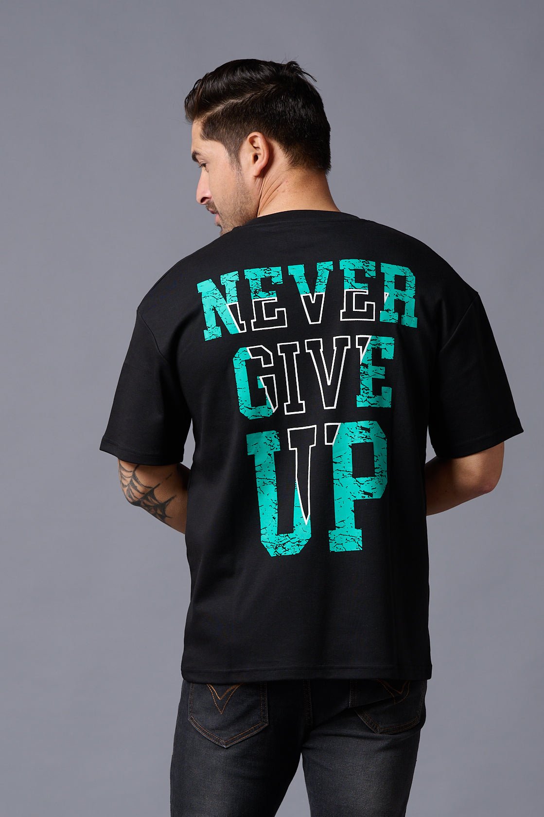 Never Give Up (in Green) Printed Black Oversized T-Shirt for Men