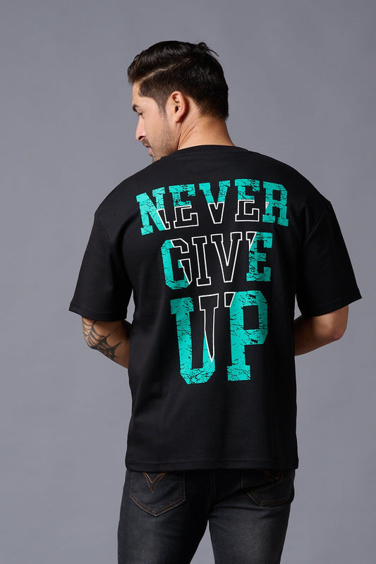 Never Give Up (in Green) Printed Black Oversized T-Shirt for Men - Go Devil