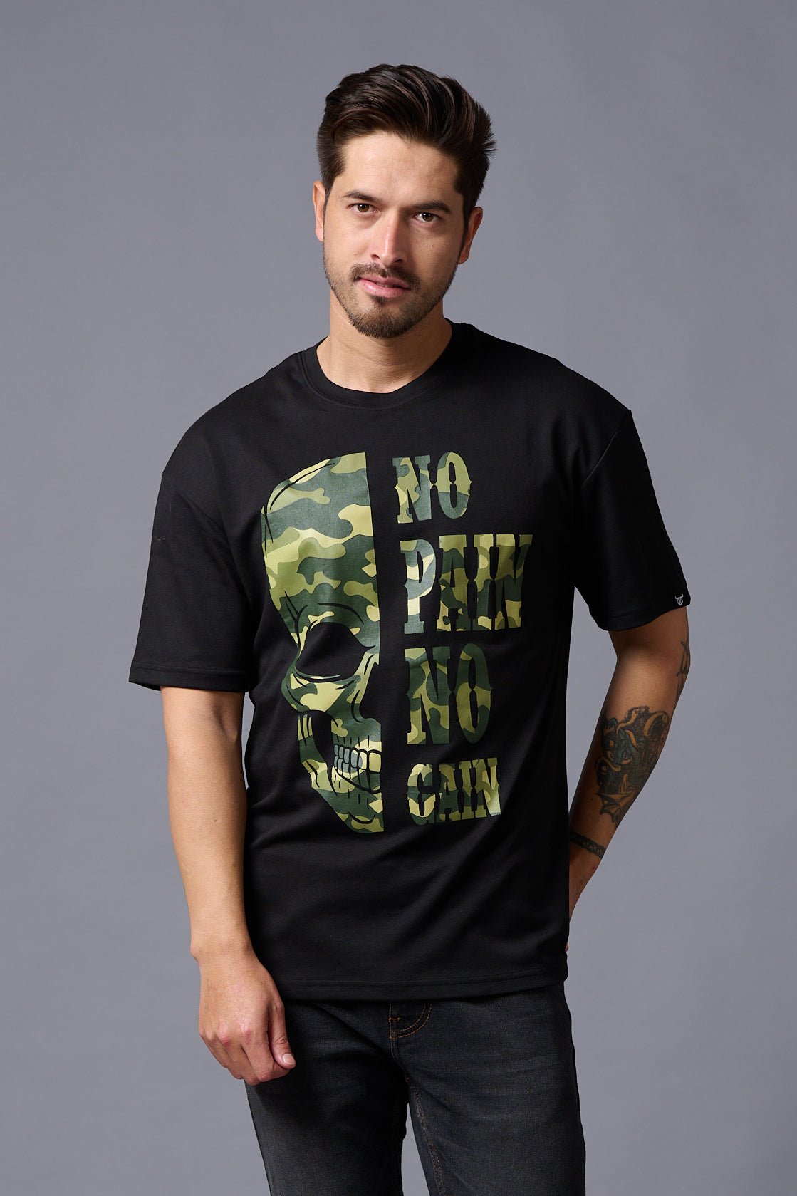 No Pain No Gain in Camo Print Black Oversized T-Shirt for Men - Go Devil