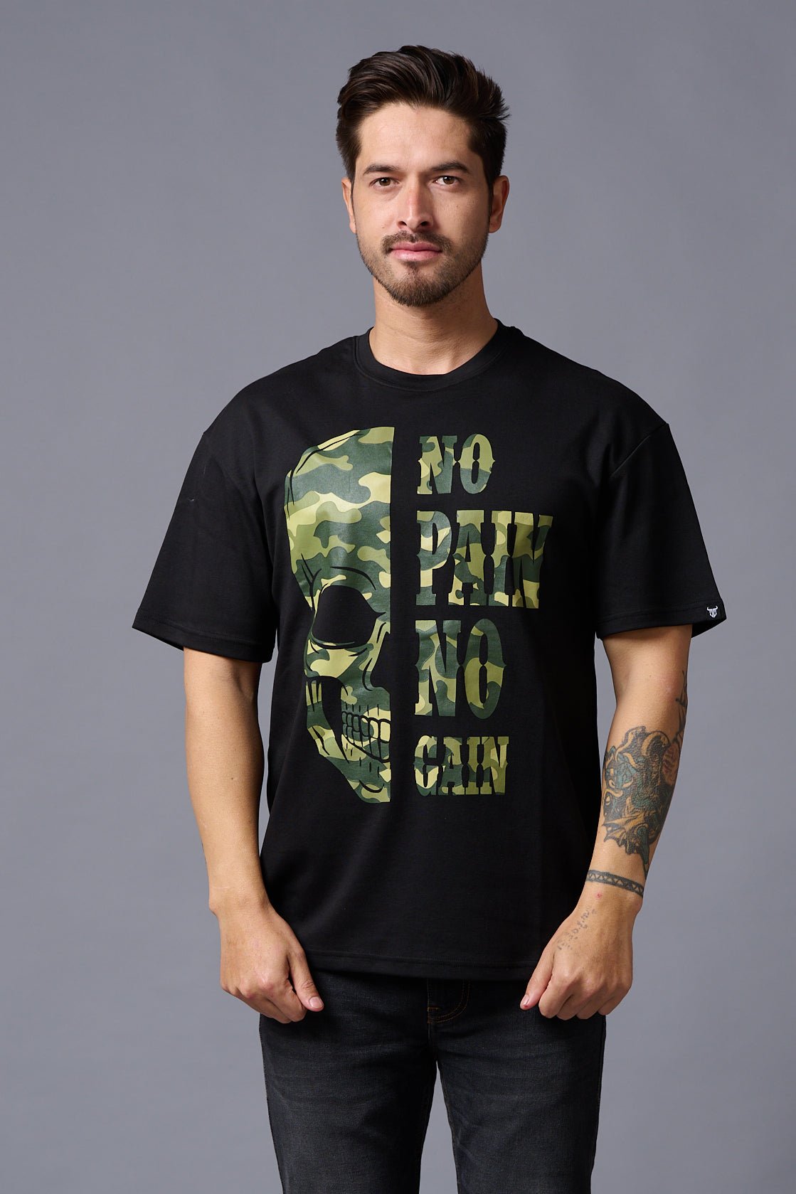 No Pain No Gain in Camo Print Black Oversized T-Shirt for Men - Go Devil