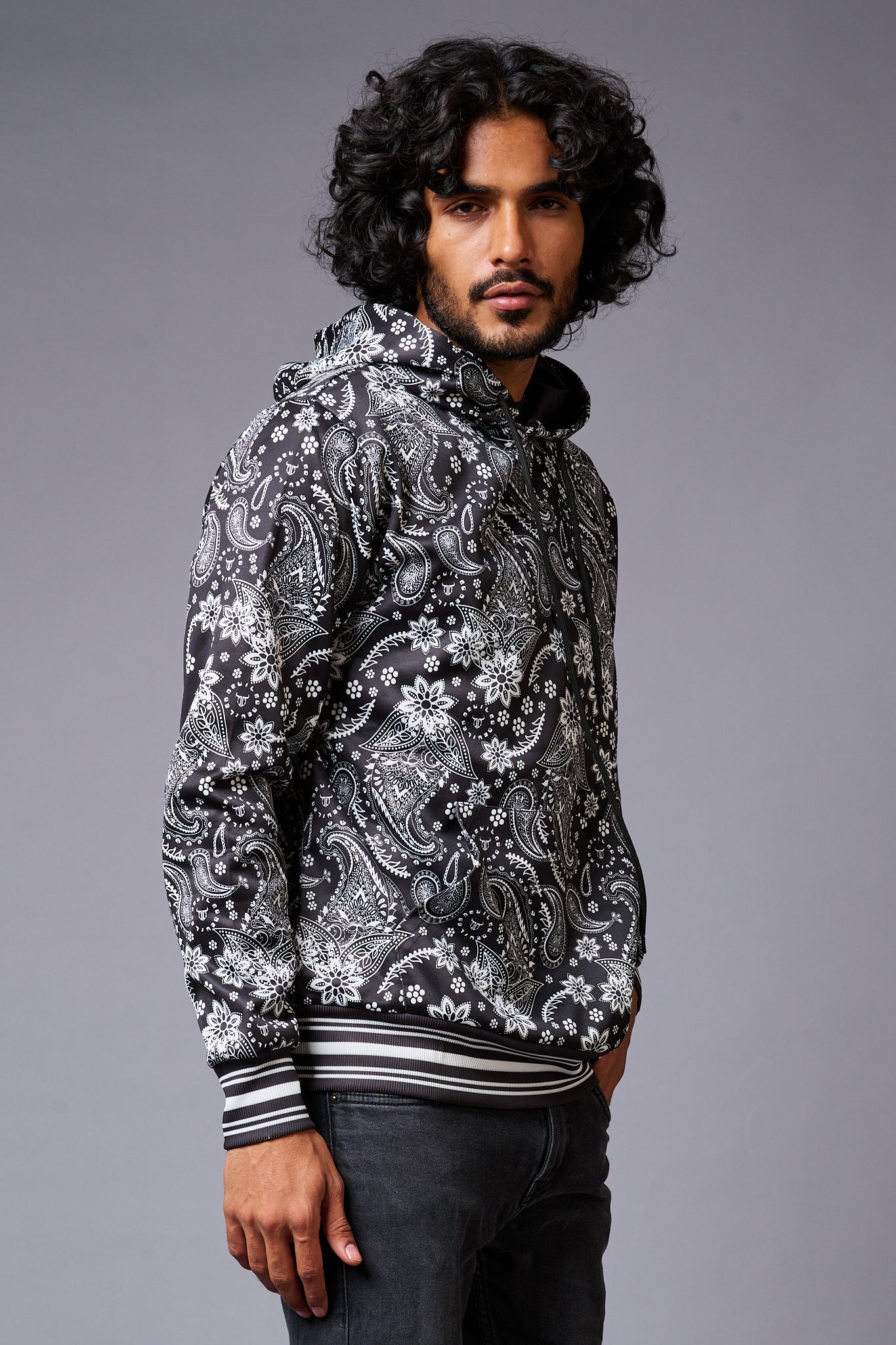 Paisely Design Printed Black Hoodie for Men - Go Devil