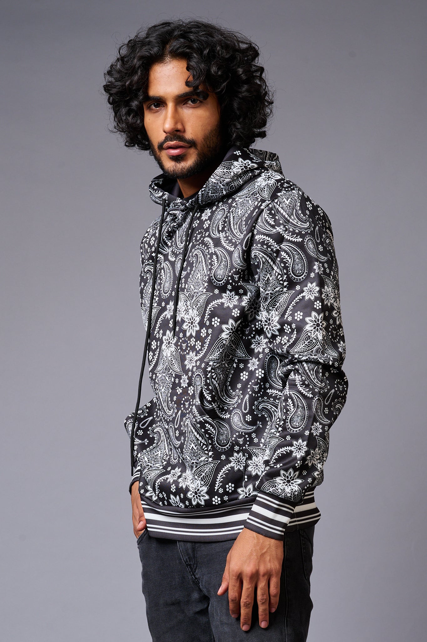 Paisely Design Printed Black Hoodie for Men - Go Devil