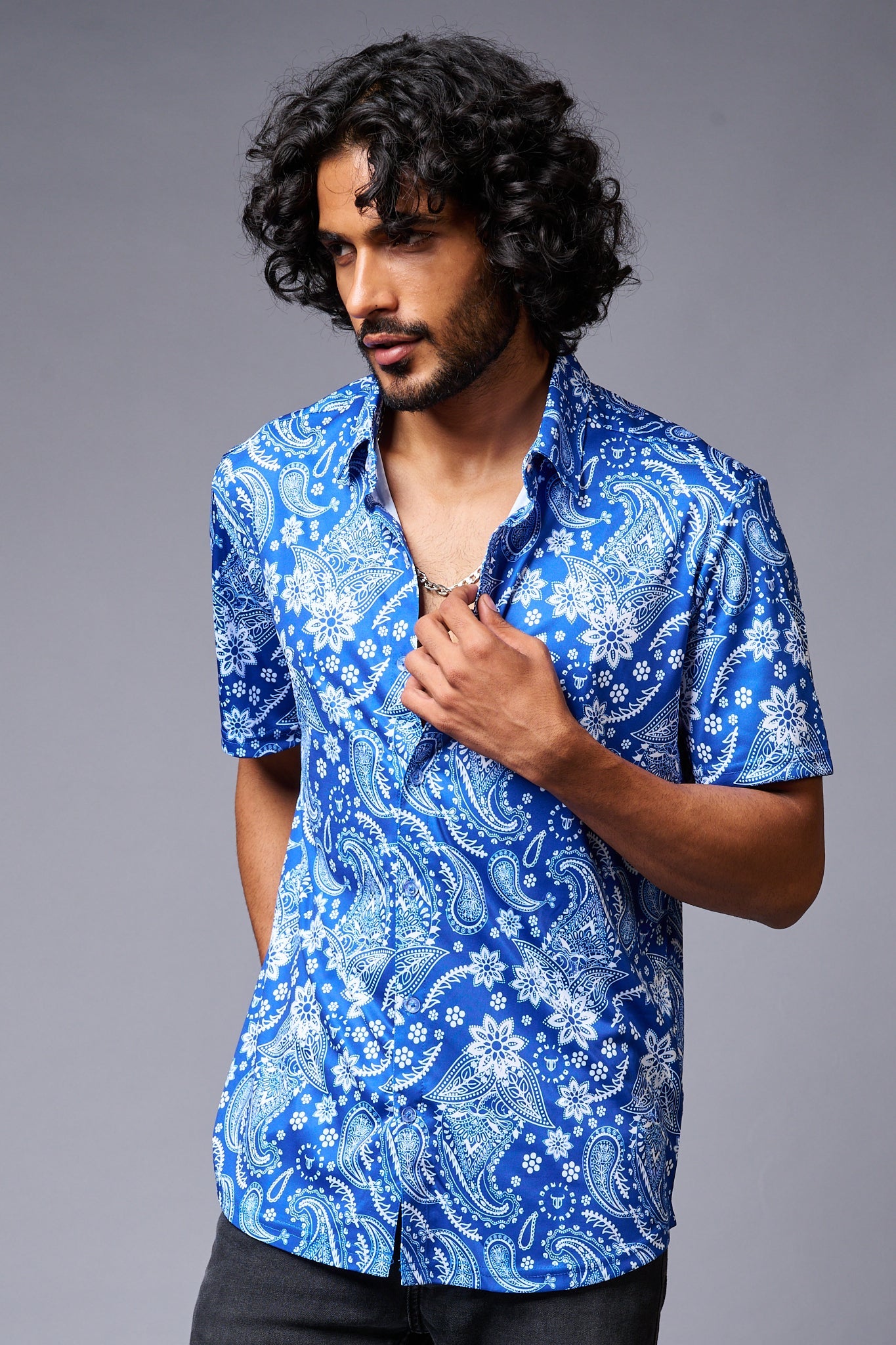 Paisely Design Printed Blue Shirt for Men - Go Devil