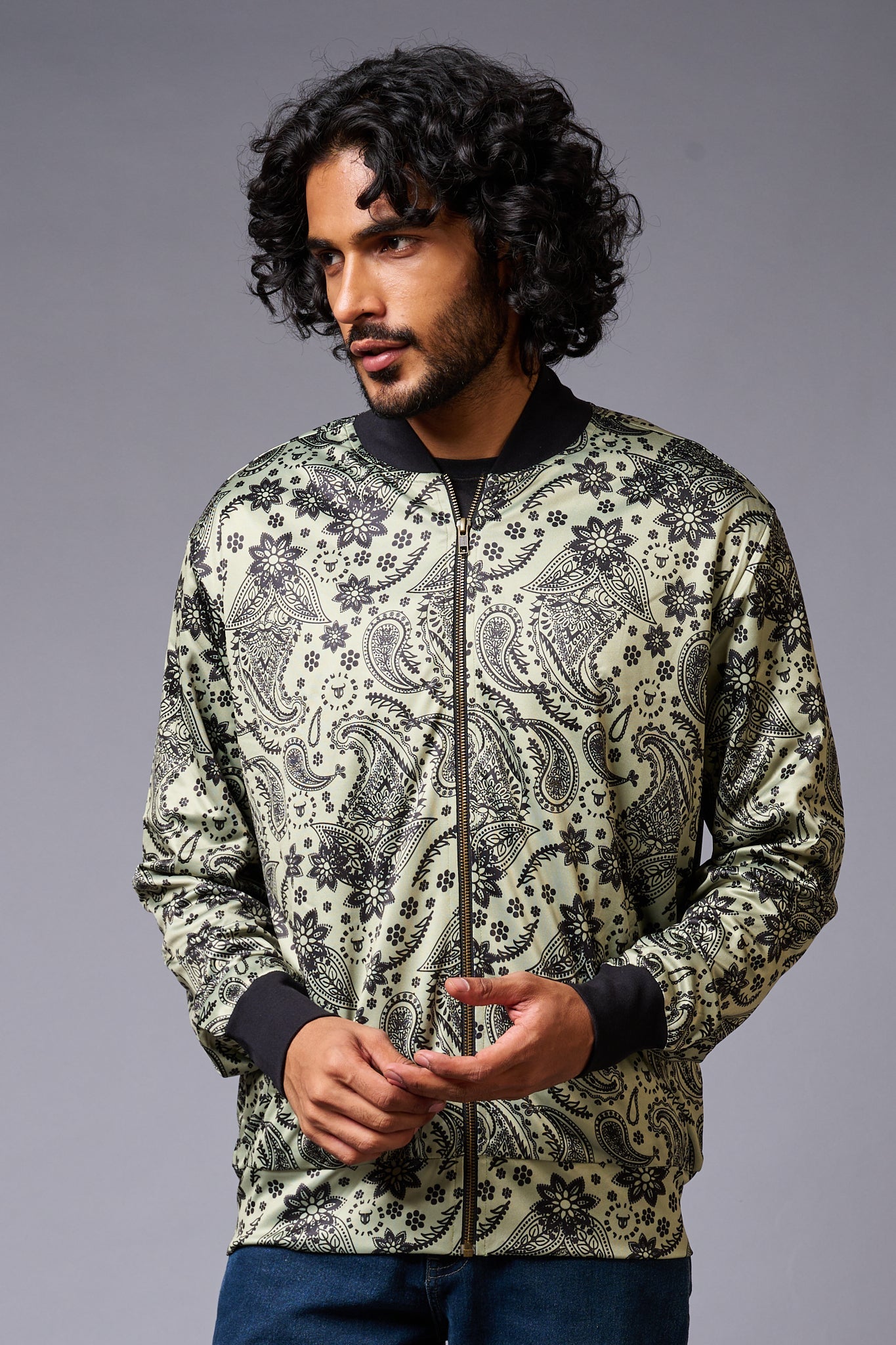 Paisely Design Printed Green Bomber Jacket for Men - Go Devil