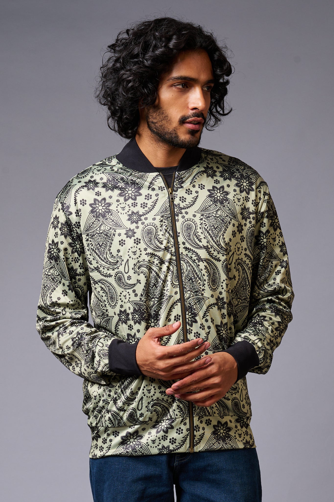 Paisely Design Printed Green Bomber Jacket for Men - Go Devil