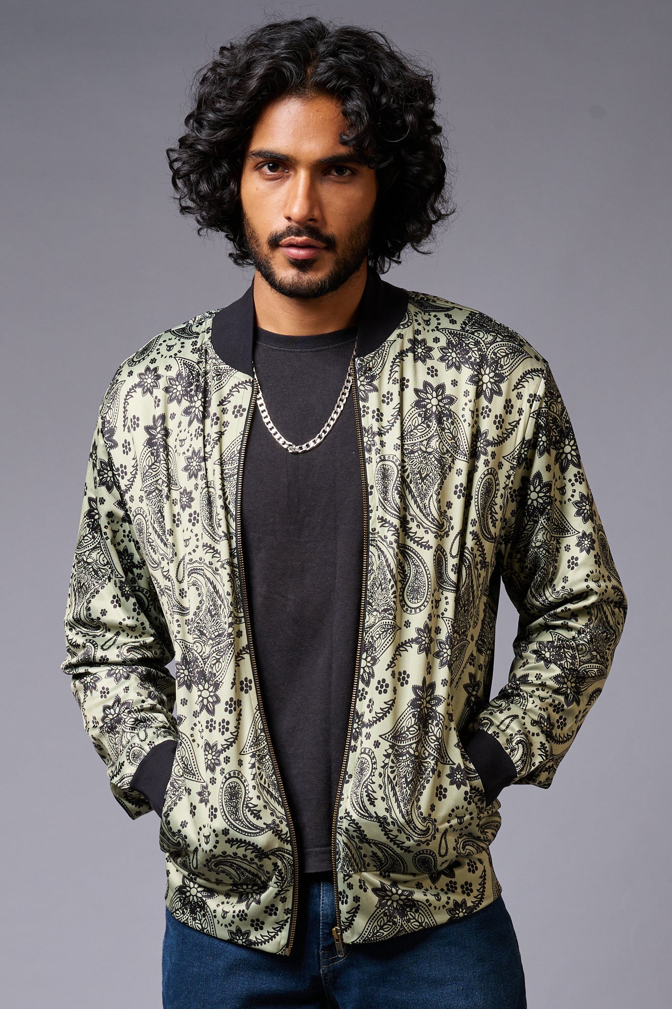 Paisely Design Printed Green Bomber Jacket for Men - Go Devil