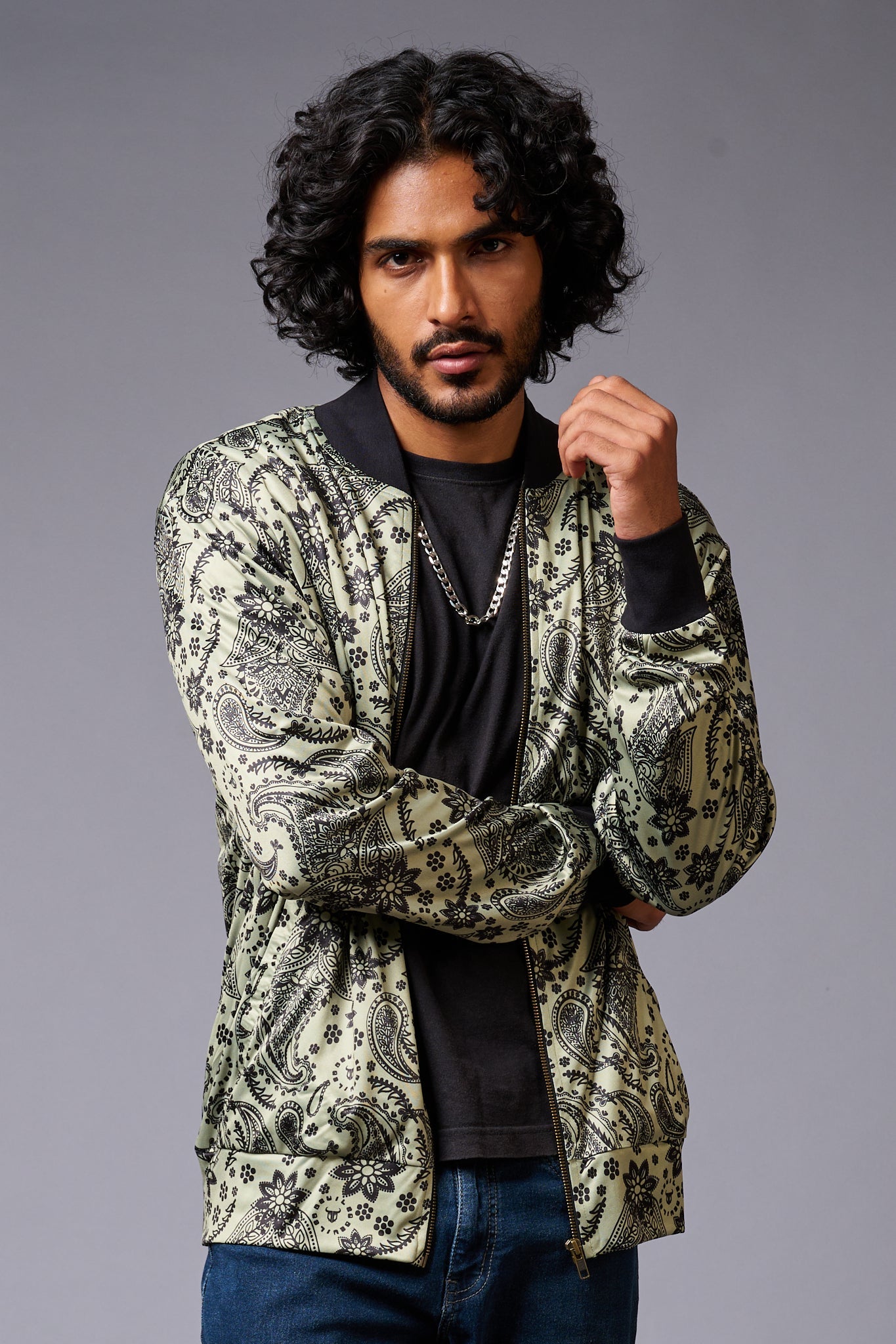 Paisely Design Printed Green Bomber Jacket for Men - Go Devil