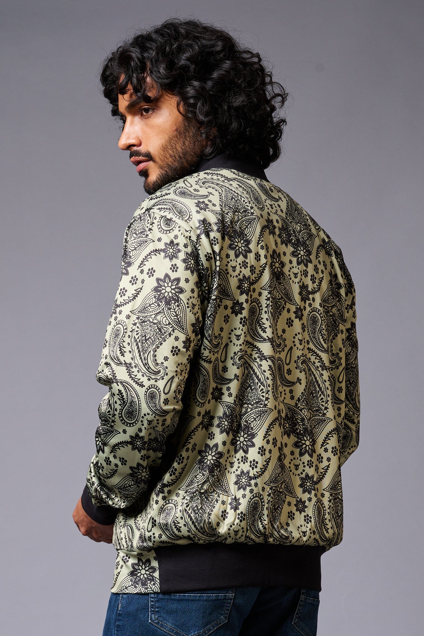 Paisely Design Printed Green Bomber Jacket for Men - Go Devil