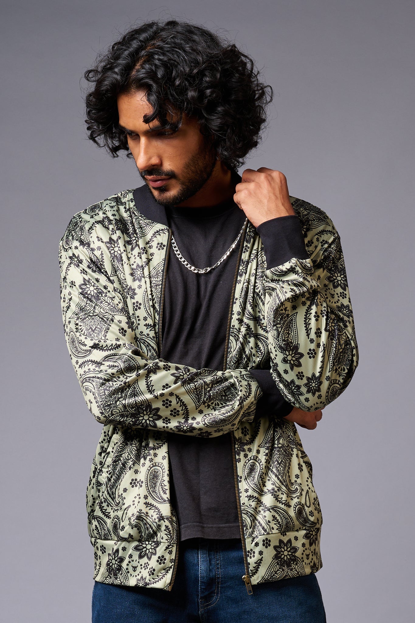 Paisely Design Printed Green Bomber Jacket for Men - Go Devil