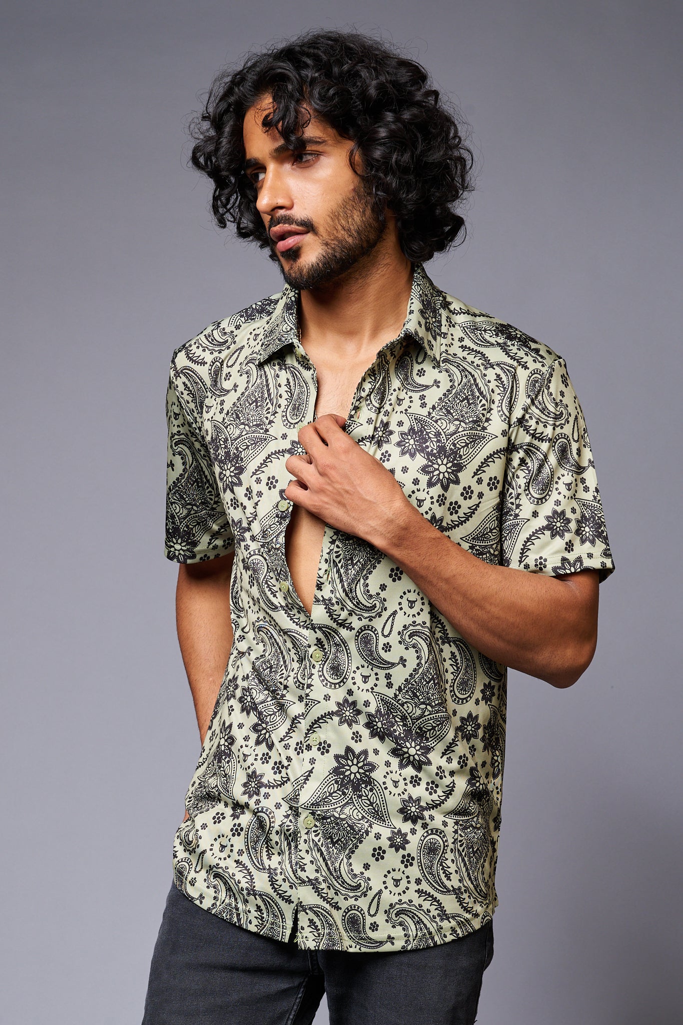 Paisely Design Printed Green Shirt for Men - Go Devil