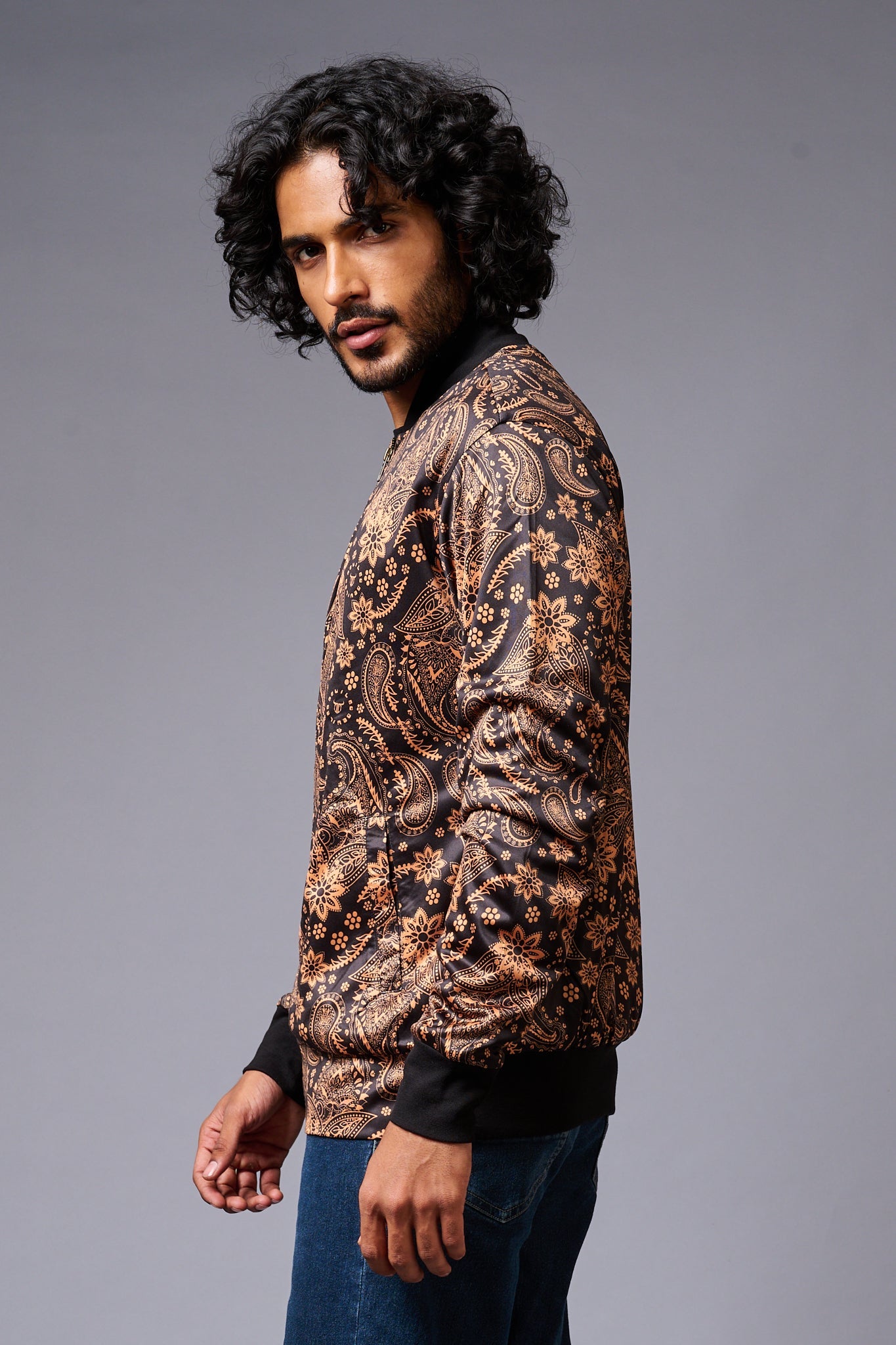 Paisely Design Printed (in brown) Black Bomber Jacket for Men - Go Devil