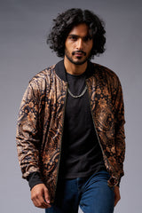 Paisely Design Printed (in brown) Black Bomber Jacket for Men - Go Devil
