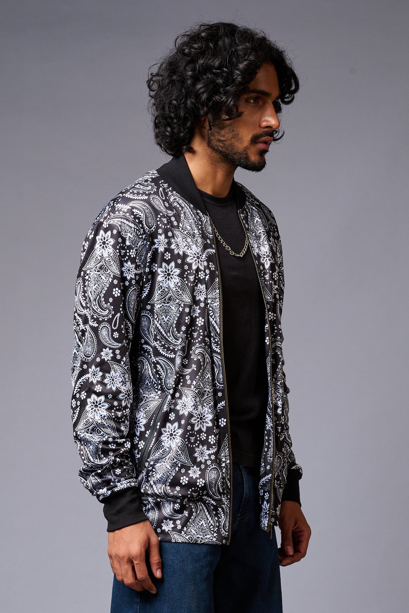 Paisely Design Printed (in white) Black Bomber Jacket for Men - Go Devil