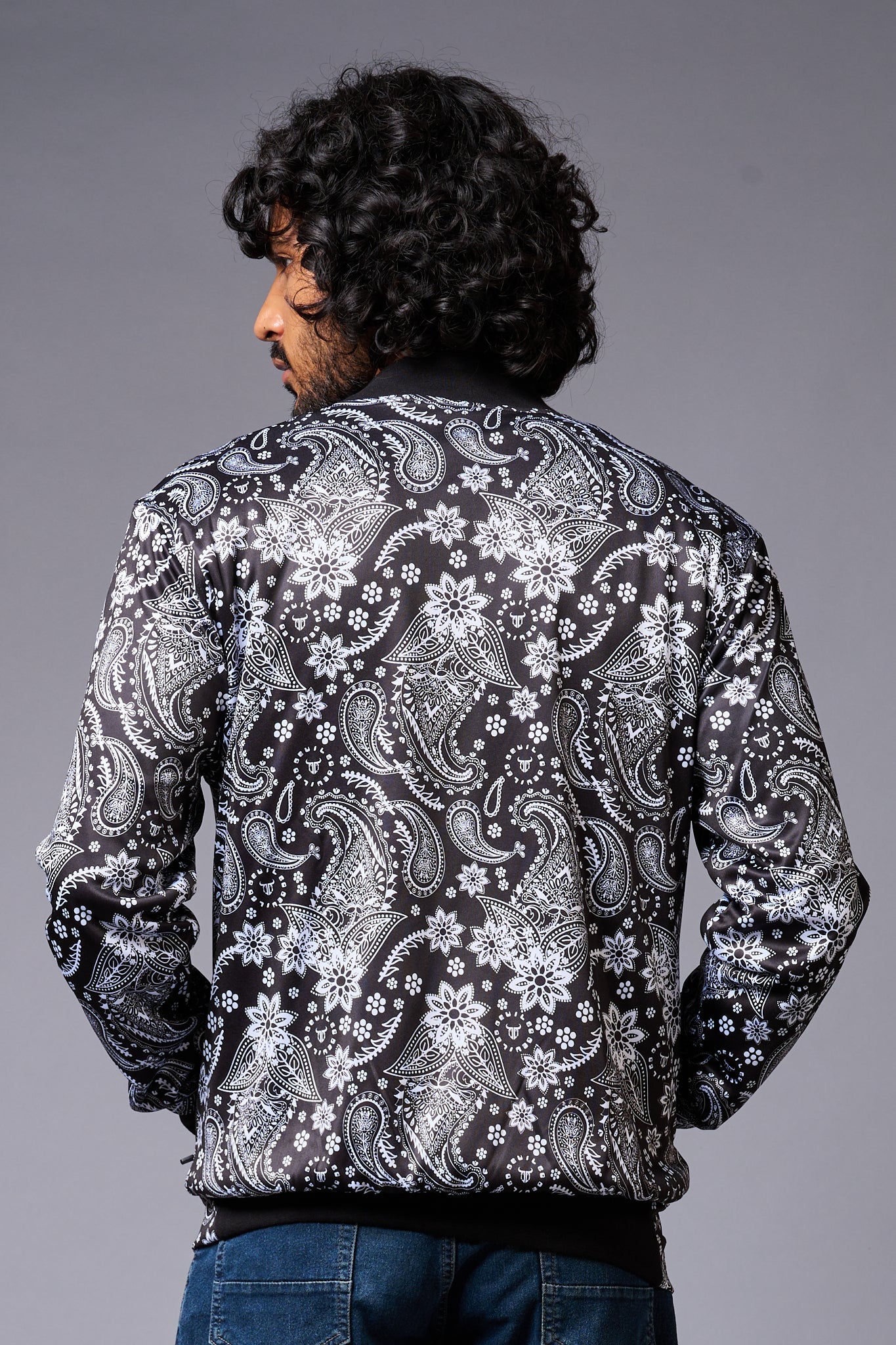 Paisely Design Printed (in white) Black Bomber Jacket for Men - Go Devil