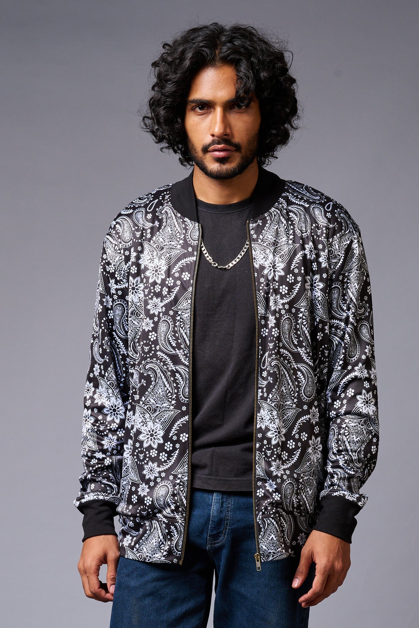 Paisely Design Printed (in white) Black Bomber Jacket for Men - Go Devil