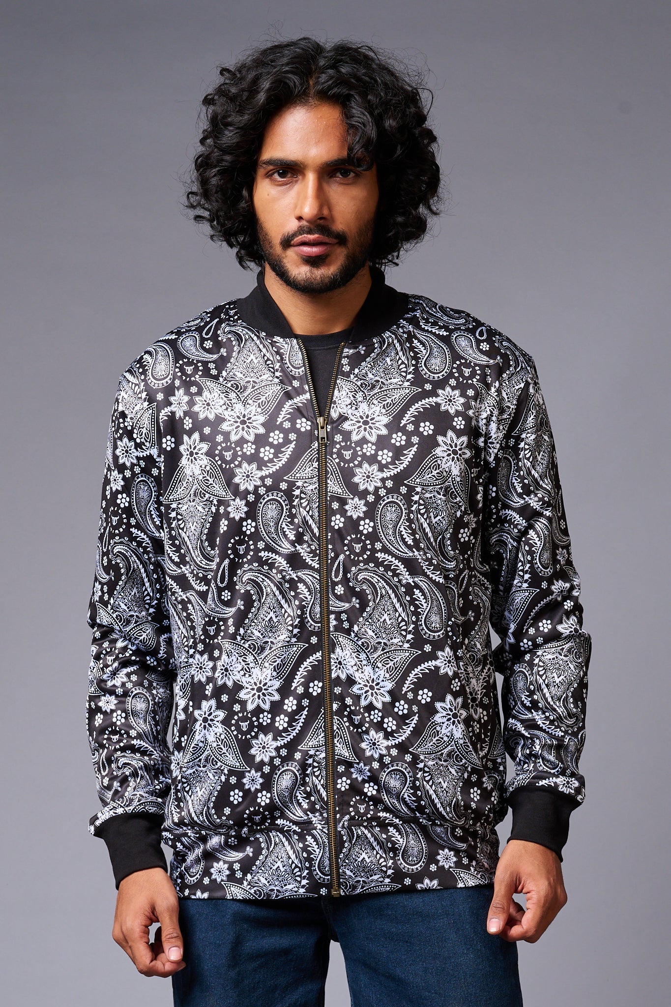 Paisely Design Printed (in white) Black Bomber Jacket for Men - Go Devil