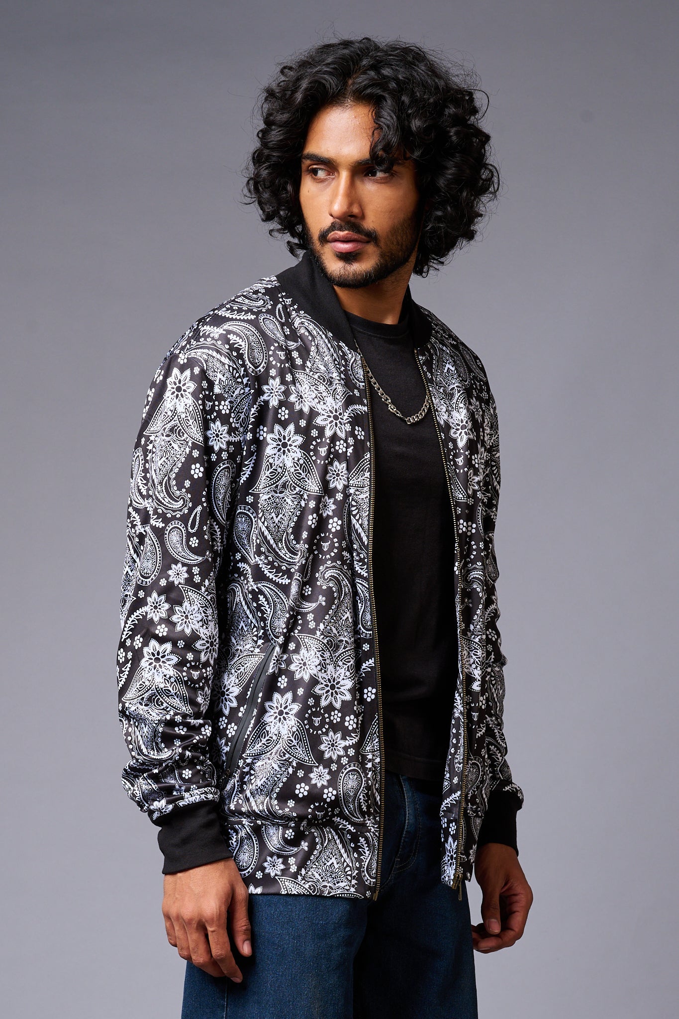 Paisely Design Printed (in white) Black Bomber Jacket for Men - Go Devil