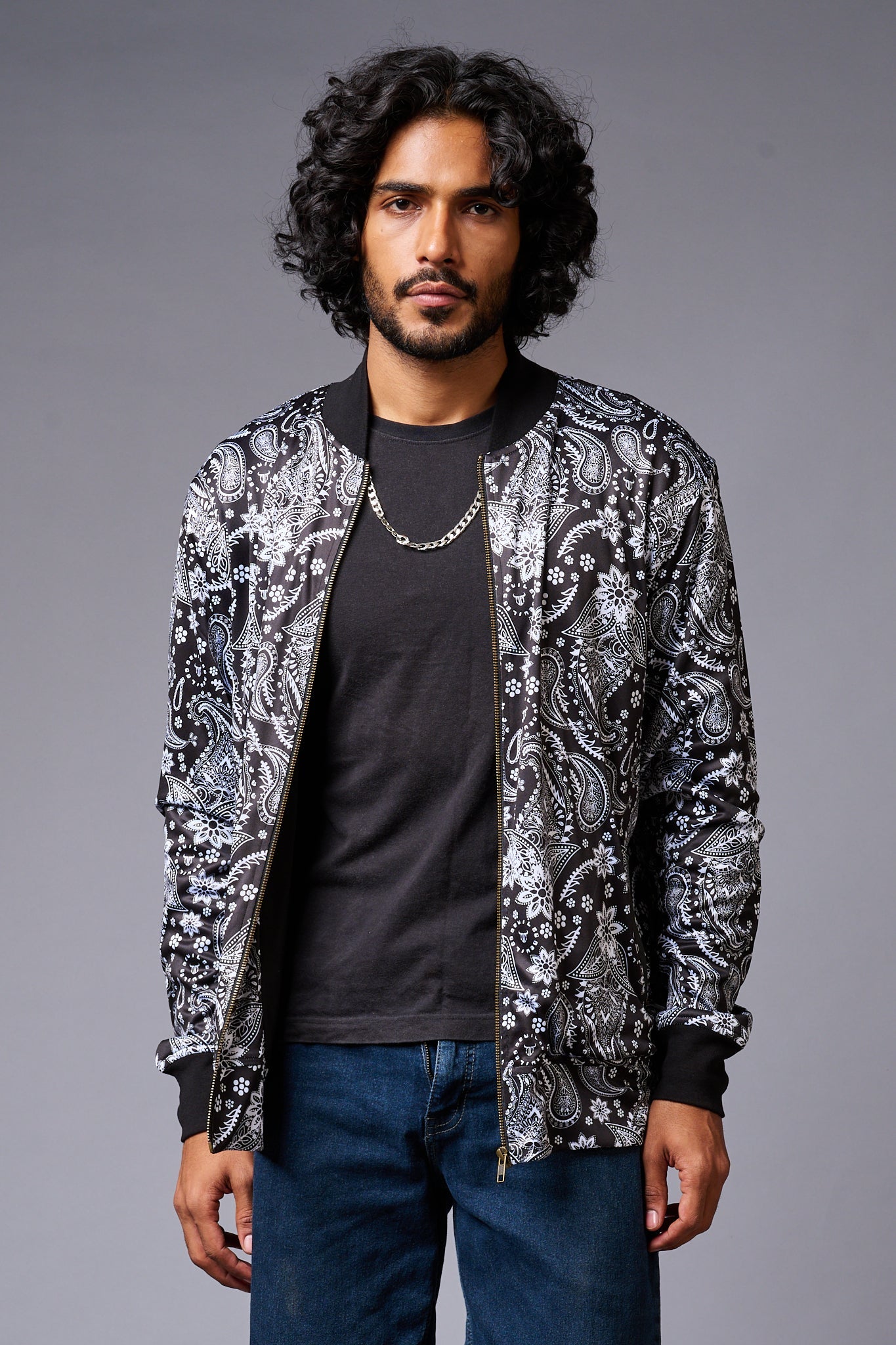 Paisely Design Printed (in white) Black Bomber Jacket for Men - Go Devil