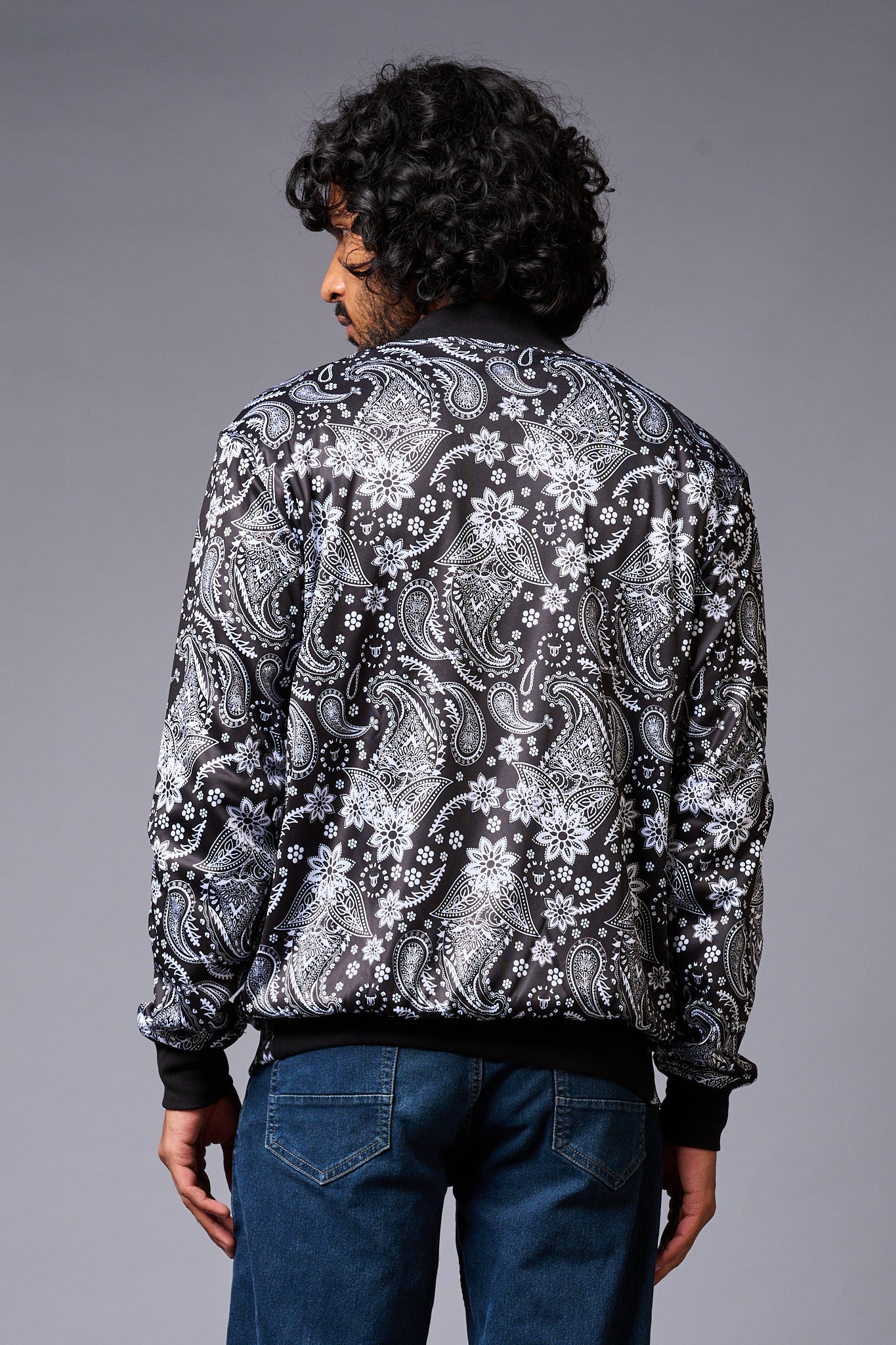 Paisely Design Printed (in white) Black Bomber Jacket for Men - Go Devil