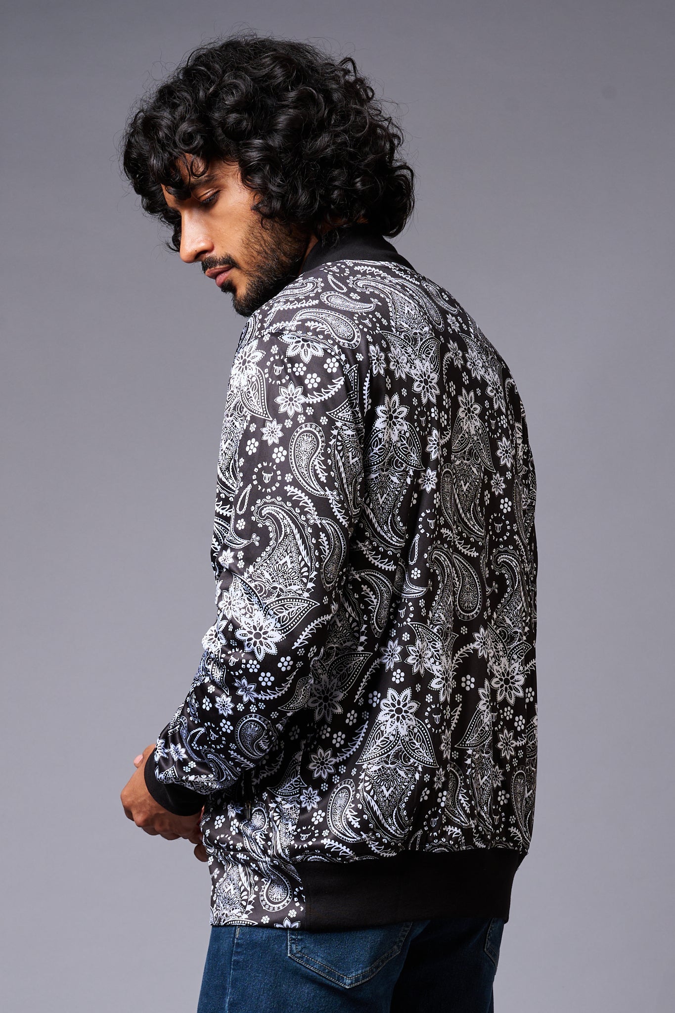 Paisely Design Printed (in white) Black Bomber Jacket for Men - Go Devil