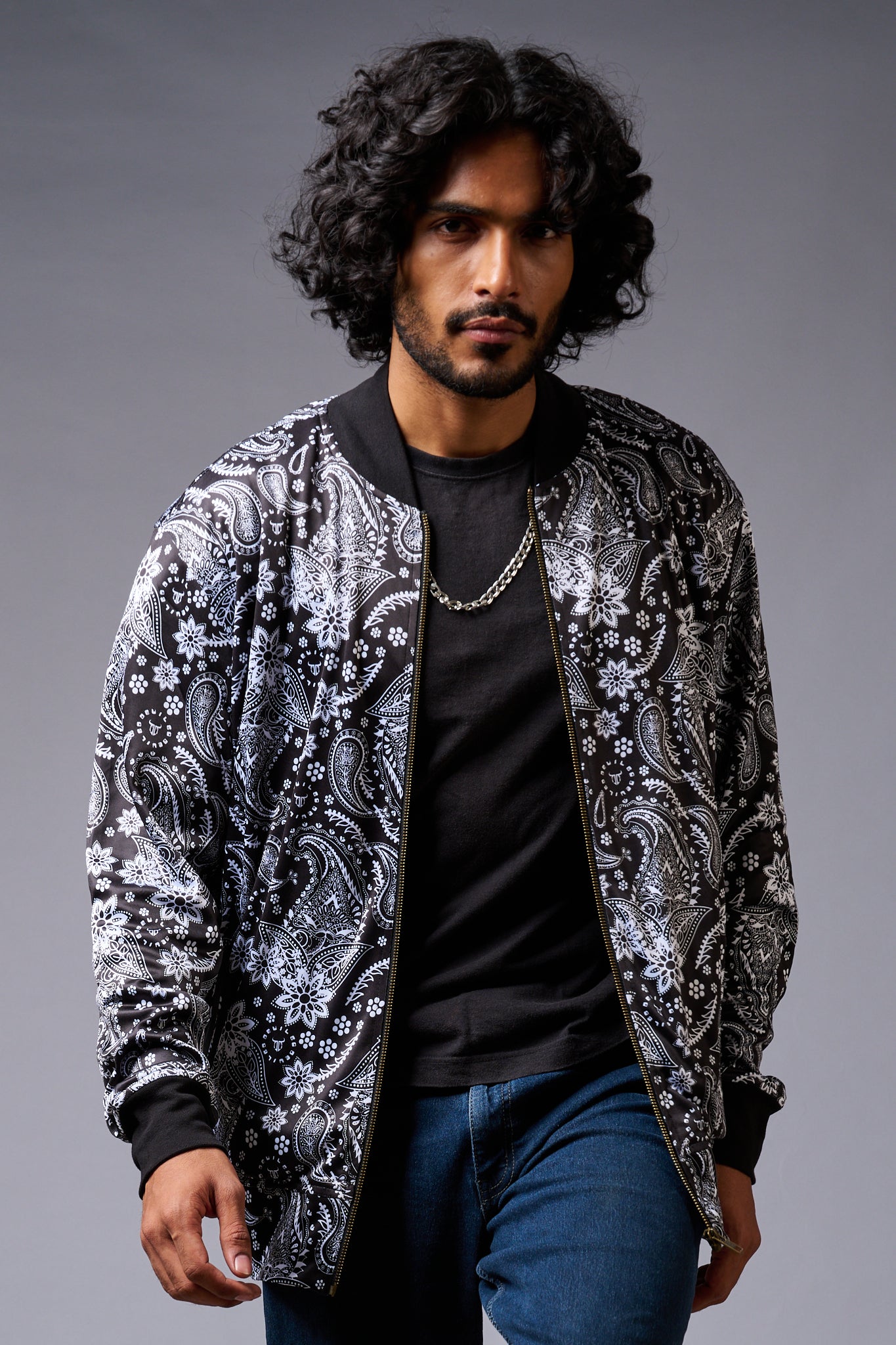 Paisely Design Printed (in white) Black Bomber Jacket for Men - Go Devil
