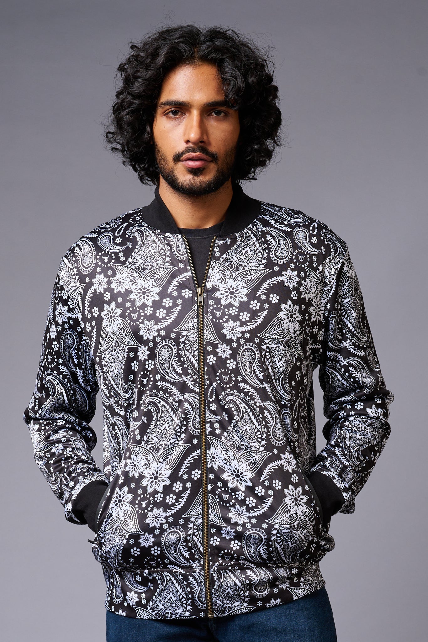 Paisely Design Printed (in white) Black Bomber Jacket for Men - Go Devil