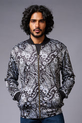 Paisely Design Printed (in white) Black Bomber Jacket for Men - Go Devil