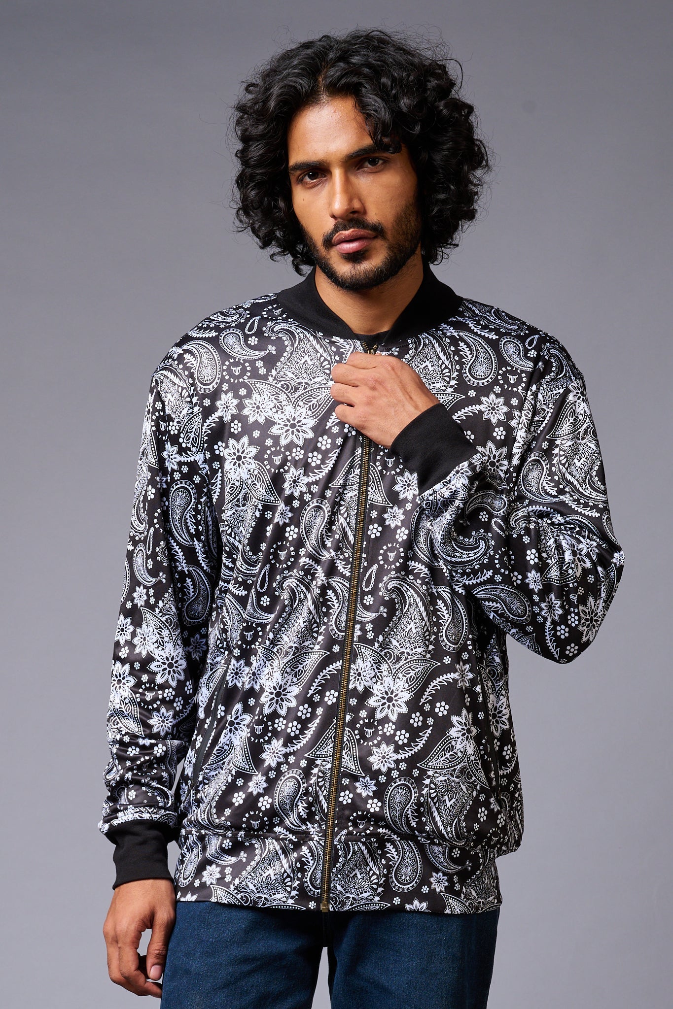 Paisely Design Printed (in white) Black Bomber Jacket for Men - Go Devil