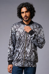 Paisely Design Printed (in white) Black Bomber Jacket for Men - Go Devil
