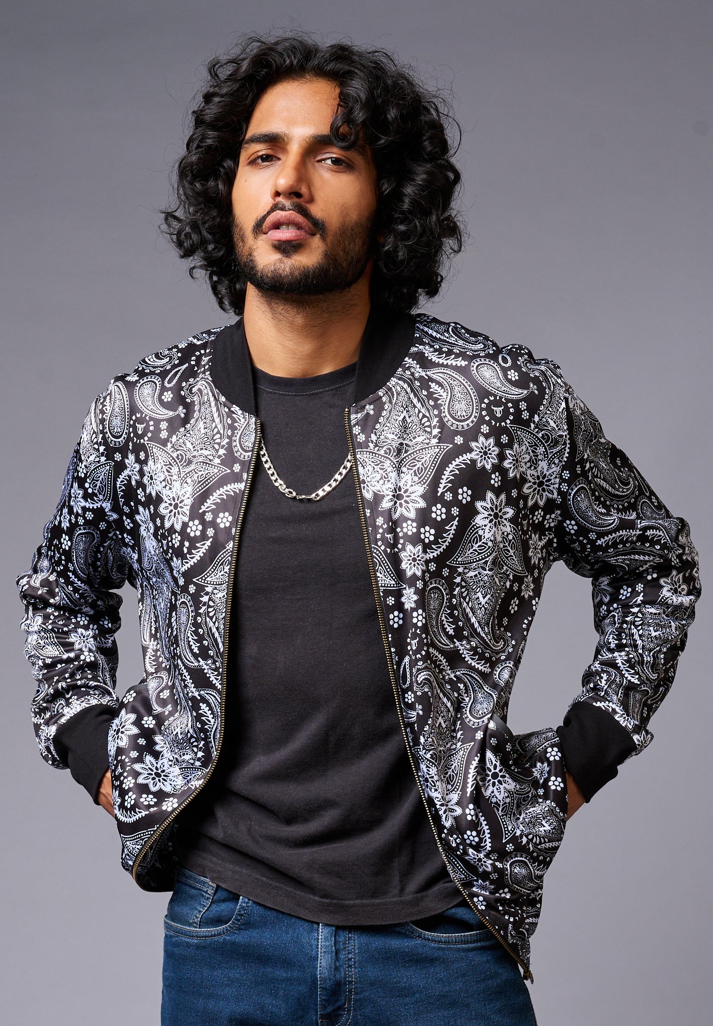 Paisely Design Printed (in white) Black Bomber Jacket for Men - Go Devil