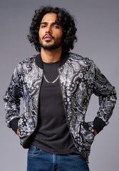 Paisely Design Printed (in white) Black Bomber Jacket for Men - Go Devil
