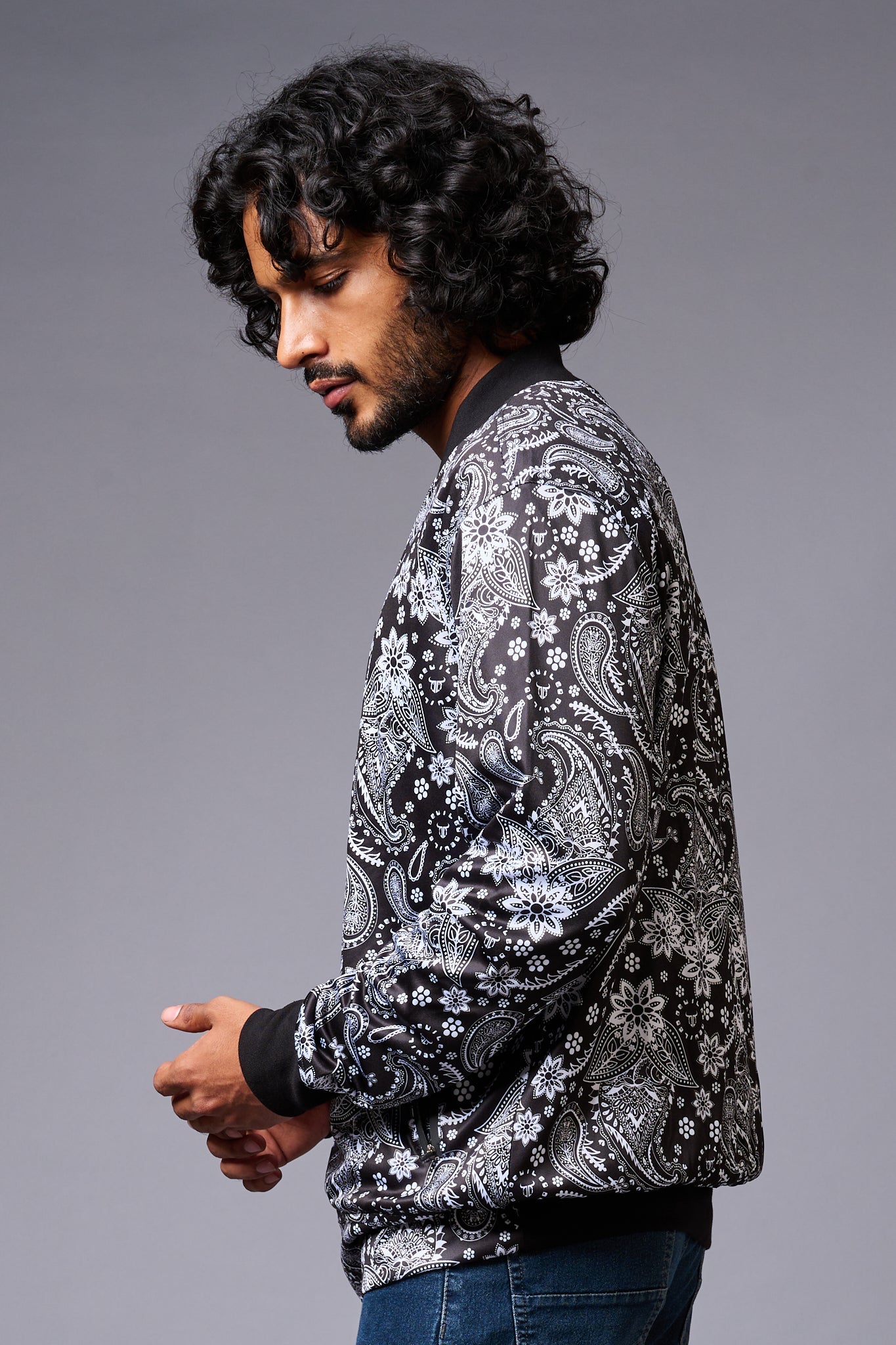 Paisely Design Printed (in white) Black Bomber Jacket for Men - Go Devil