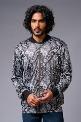 Paisely Design Printed (in white) Black Bomber Jacket for Men - Go Devil
