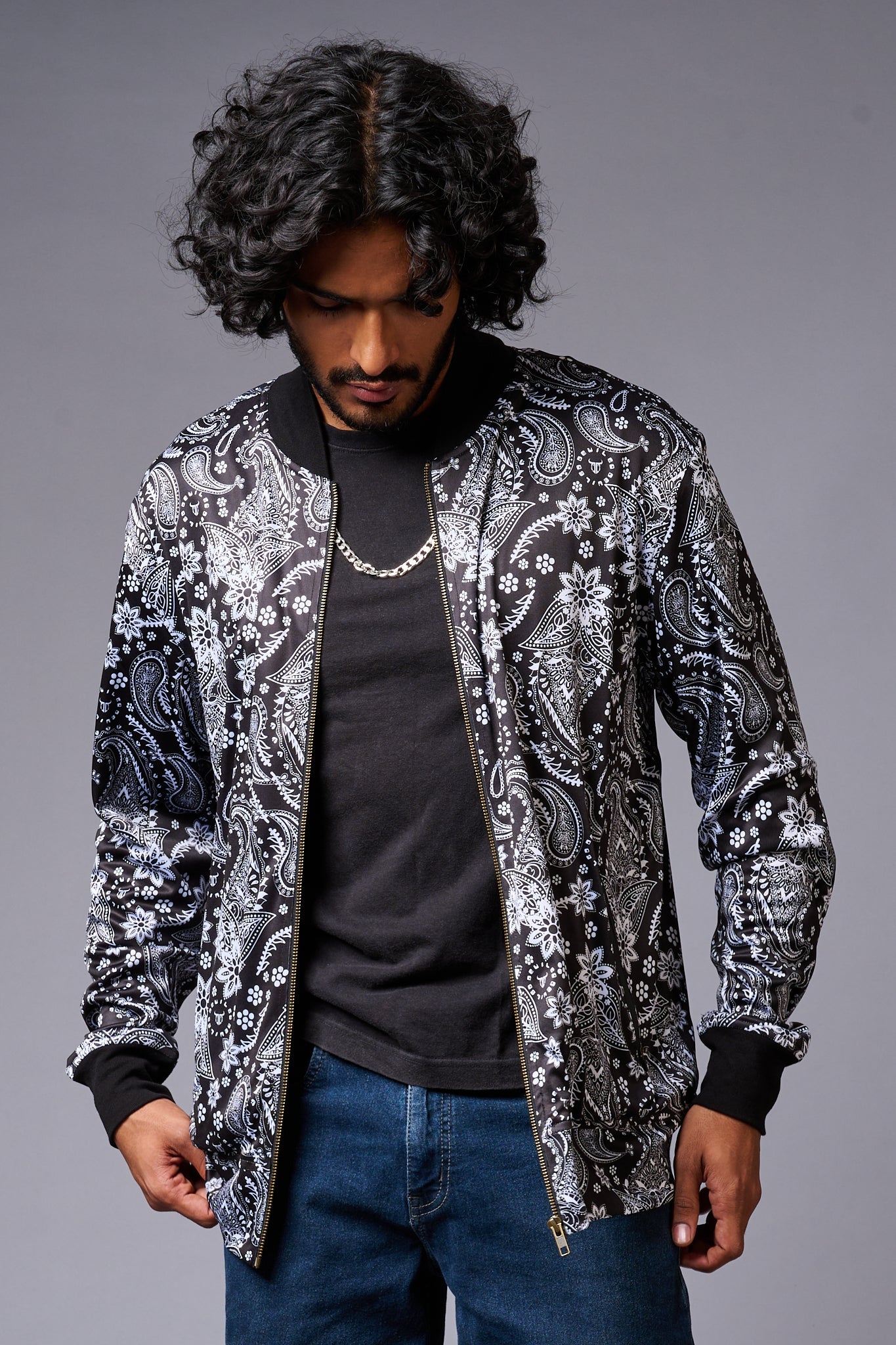 Paisely Design Printed (in white) Black Bomber Jacket for Men - Go Devil