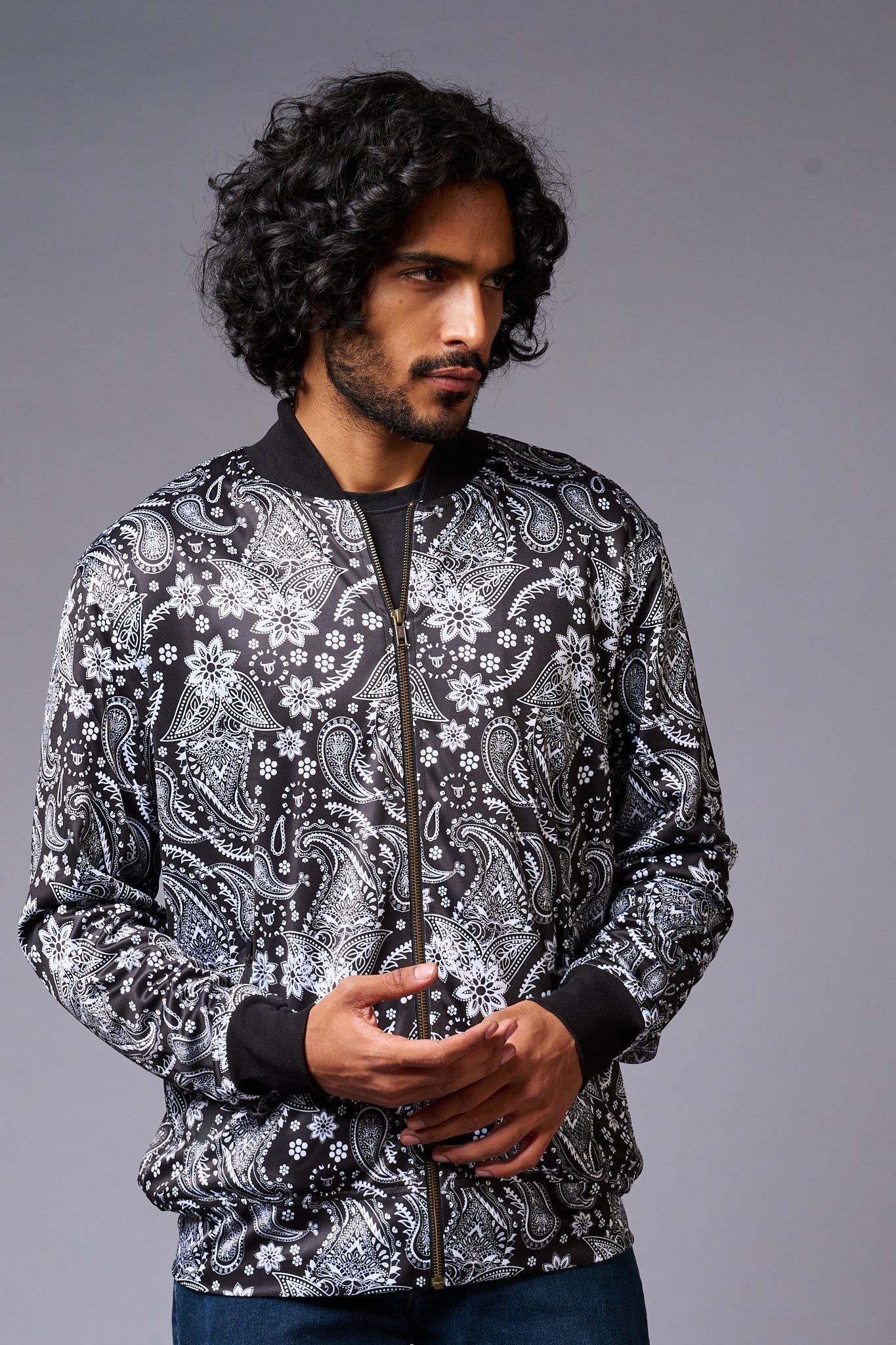 Paisely Design Printed (in white) Black Bomber Jacket for Men - Go Devil