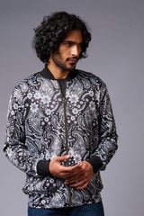 Paisely Design Printed (in white) Black Bomber Jacket for Men - Go Devil