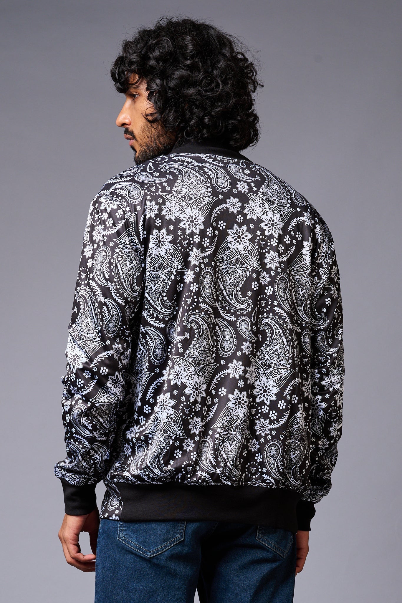 Paisely Design Printed (in white) Black Bomber Jacket for Men - Go Devil