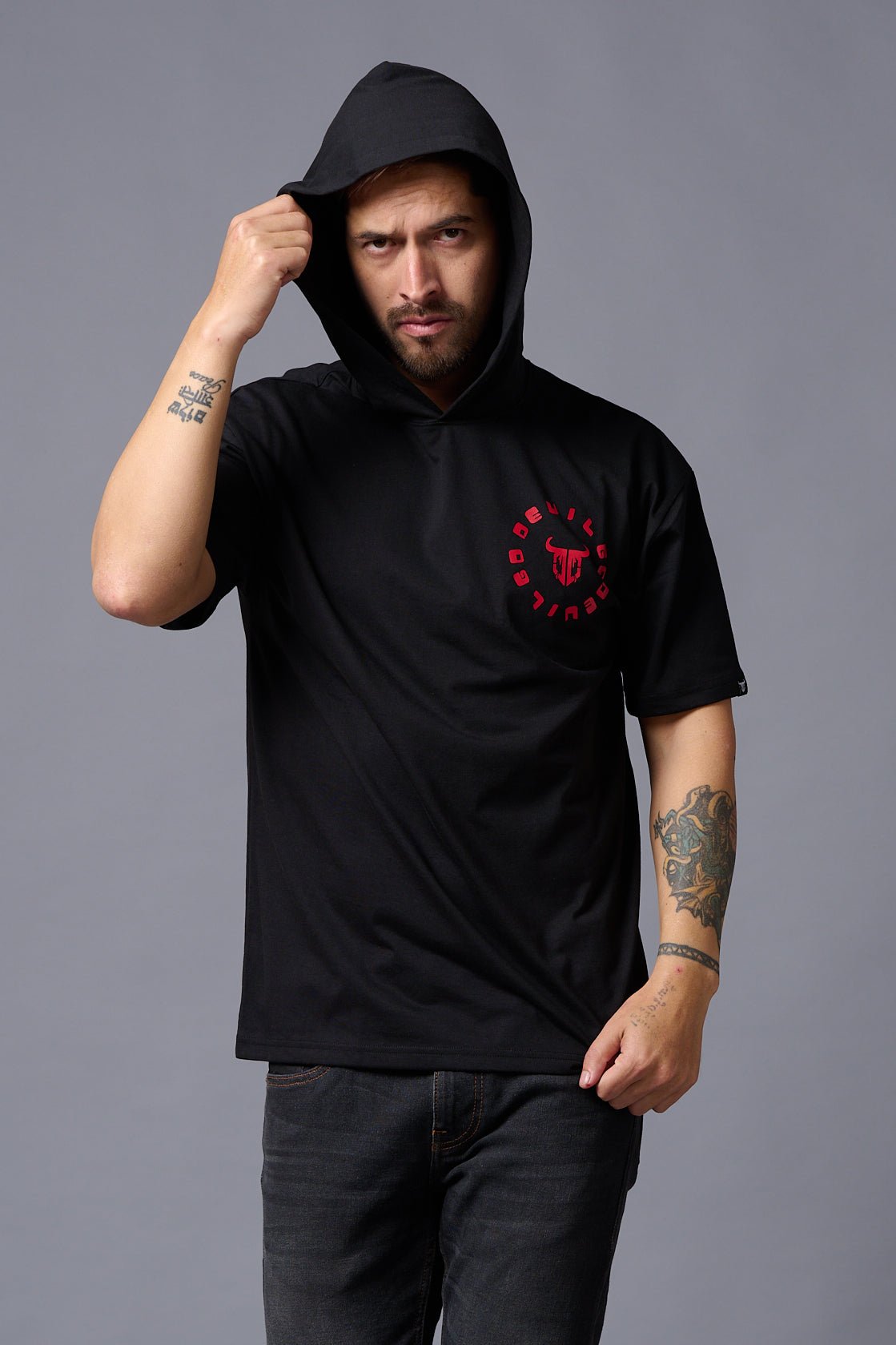 Red Devil Printed Hooded Oversized T-Shirt for Men - Go Devil