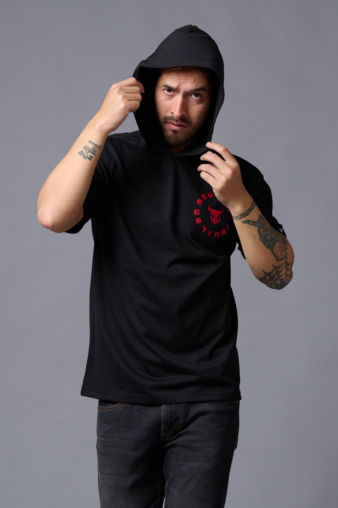 Red Devil Printed Hooded Oversized T-Shirt for Men - Go Devil