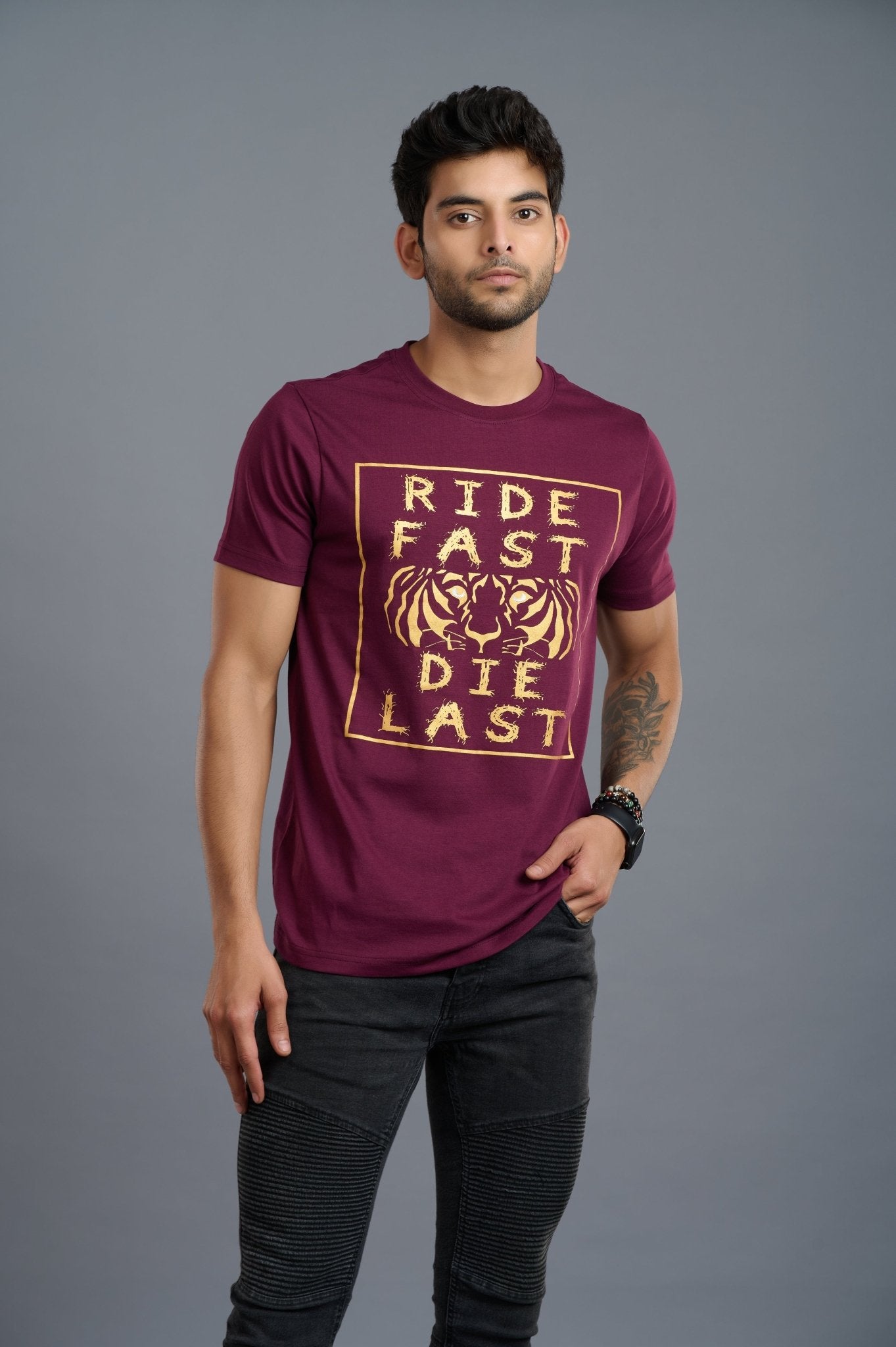 Ride Fast, Die Last Printed Maroon T-Shirt for Men - Go Devil