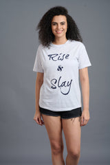Rise & Slay Printed White Oversized T-Shirt for Women - Go Devil