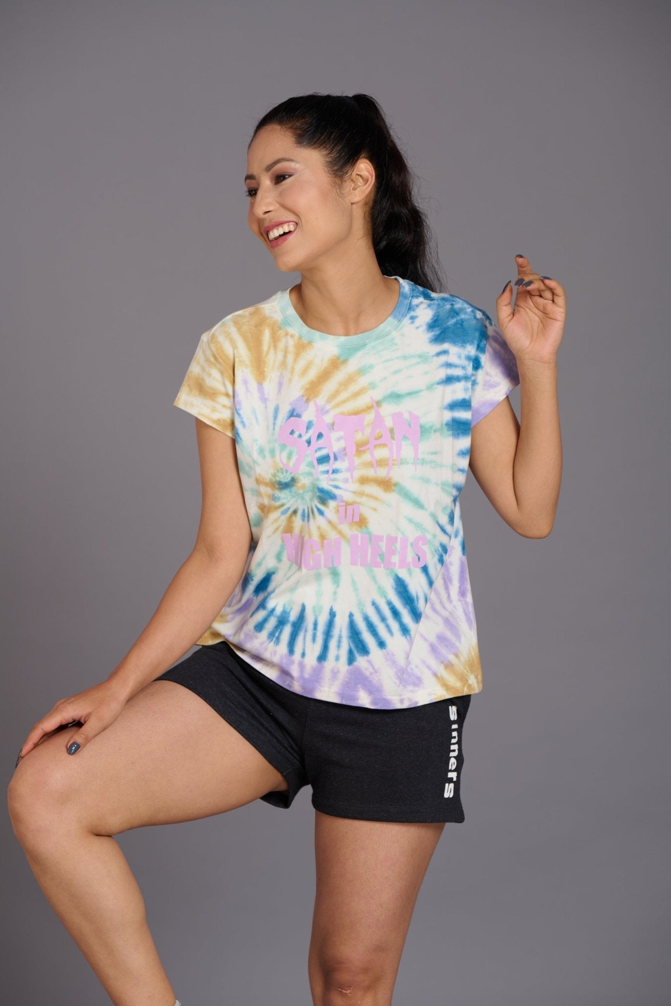Satan In High Heels Printed Multi-color Oversized T-Shirt for Women - Go Devil