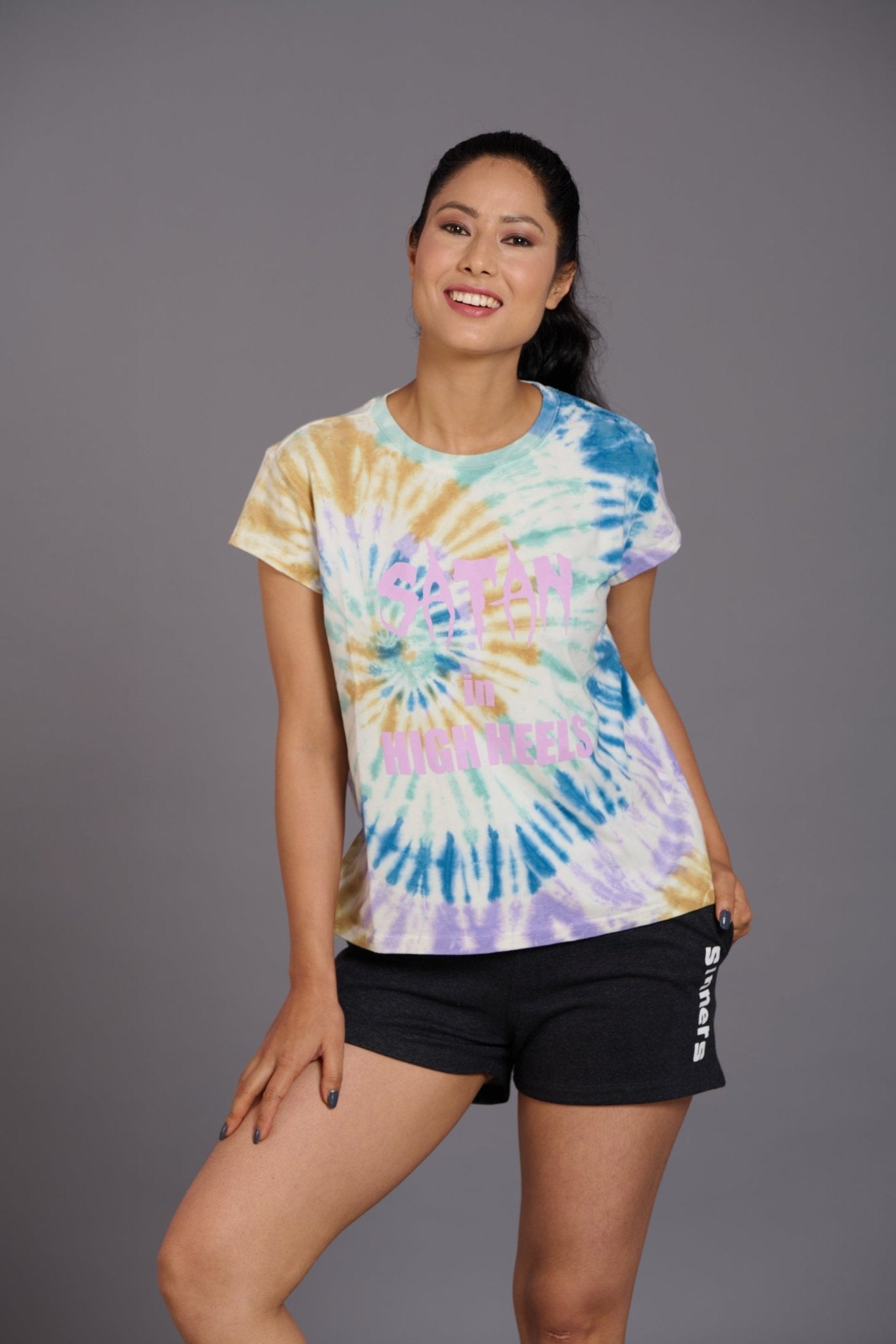 Satan In High Heels Printed Multi-color Oversized T-Shirt for Women - Go Devil