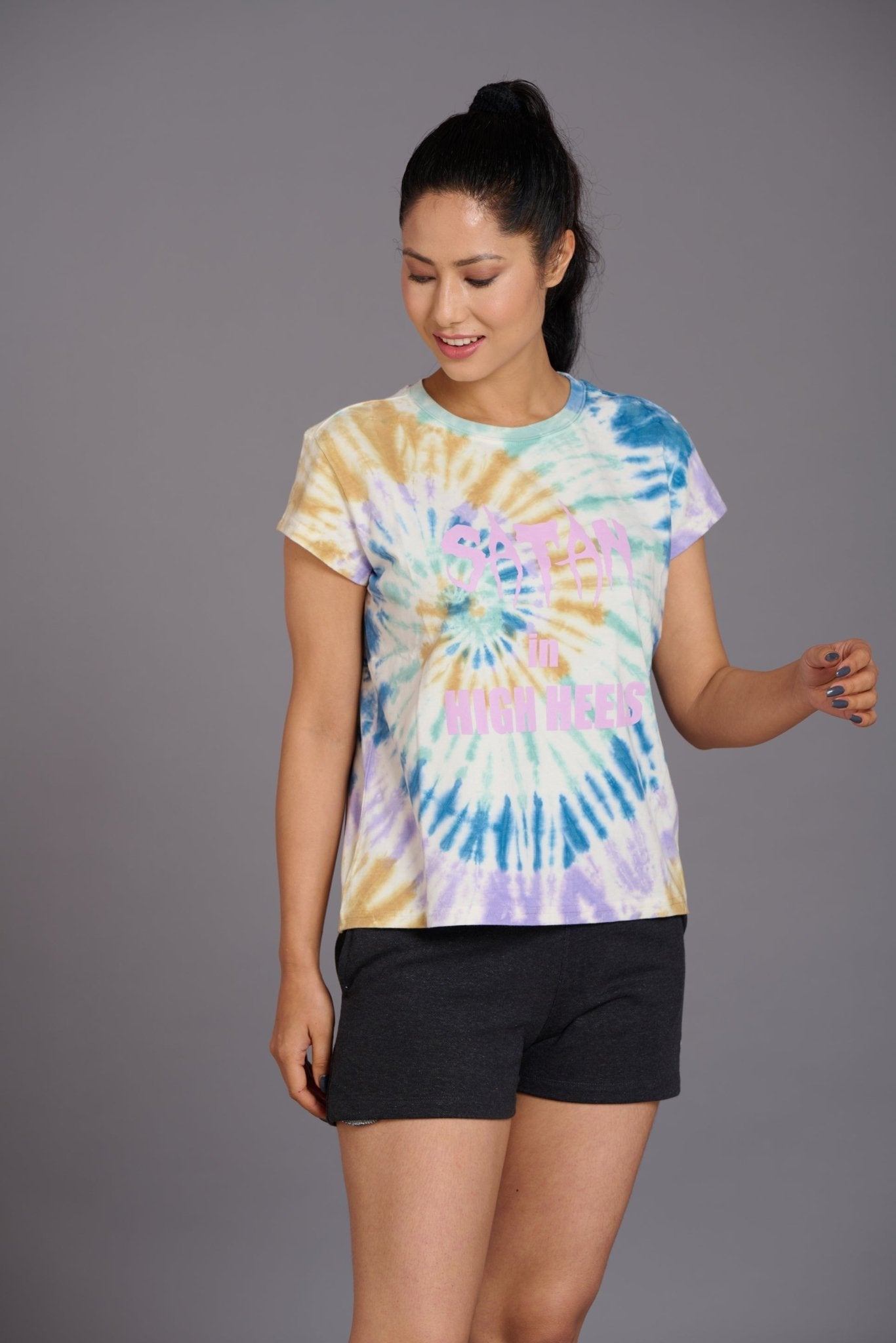 Satan In High Heels Printed Multi-color Oversized T-Shirt for Women - Go Devil